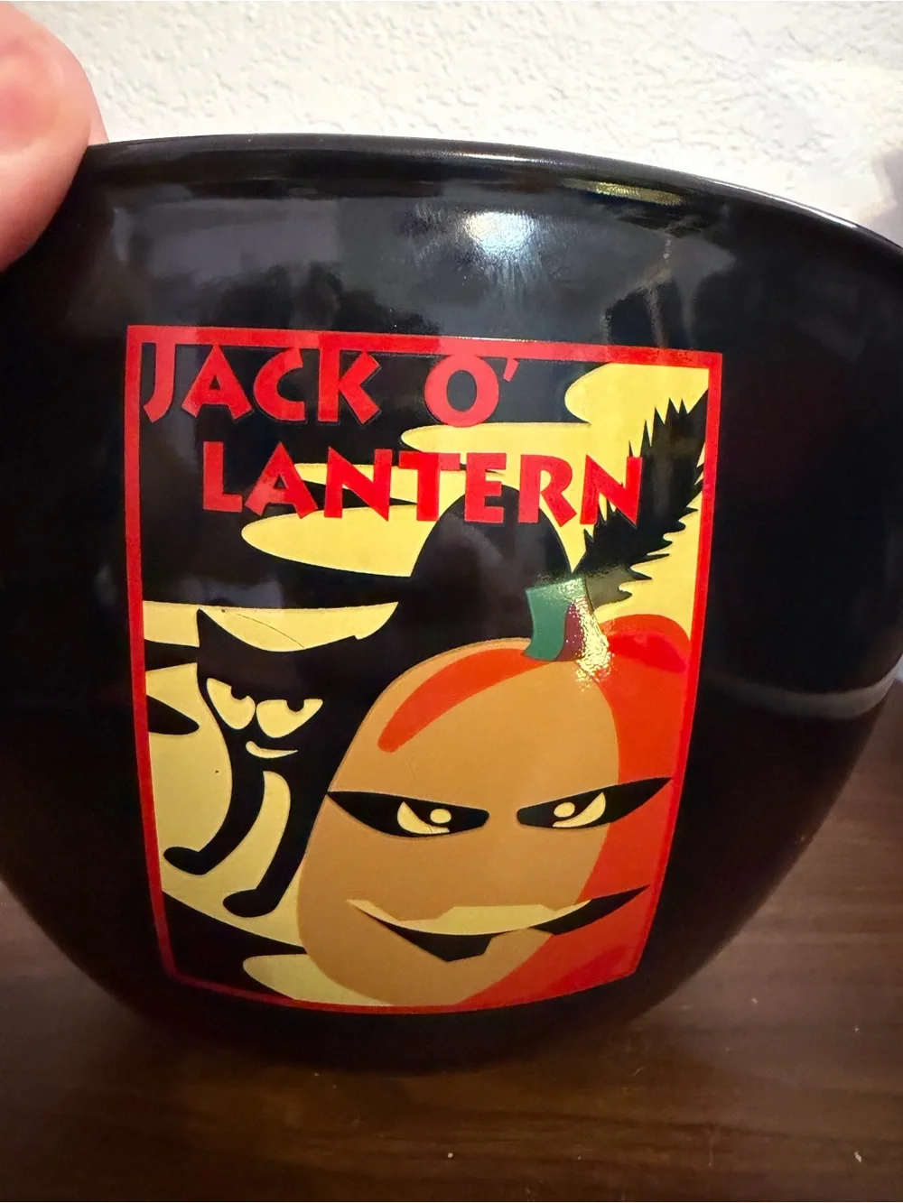 Vintage 2000s Halloween Jack-o'-lantern Black Glossy Ceramic Candy Bowl 8in